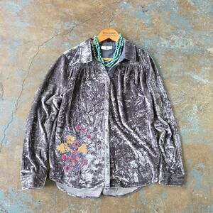 Hummingbird Gray Crushed Velvet Button Down Top Size M Embroidered Floral Boho